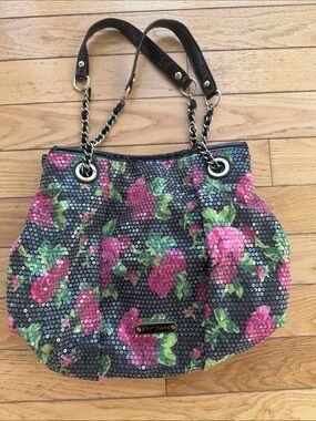 Betsey Johnson Nylon Sequins Black Pink Roses Shoulder Bag 17 x 15 x 6